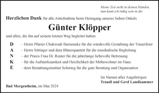 Traueranzeige von Günter Klöpper von Fränkische Nachrichten