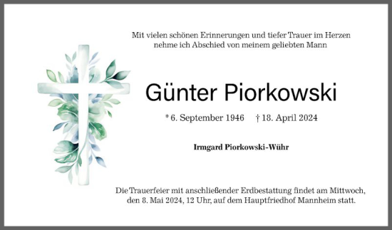 Traueranzeige von Günter Piorkowski von Mannheimer Morgen