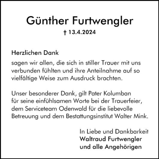 Traueranzeige von Günther Furtwengler von Bergsträßer Anzeiger