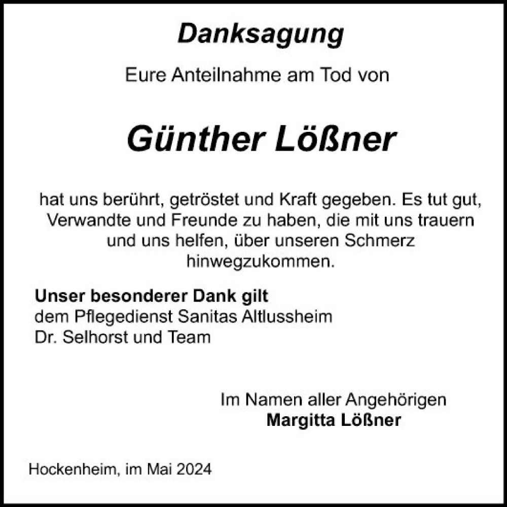  Traueranzeige für Günther Lößner vom 04.05.2024 aus Schwetzinger Zeitung
