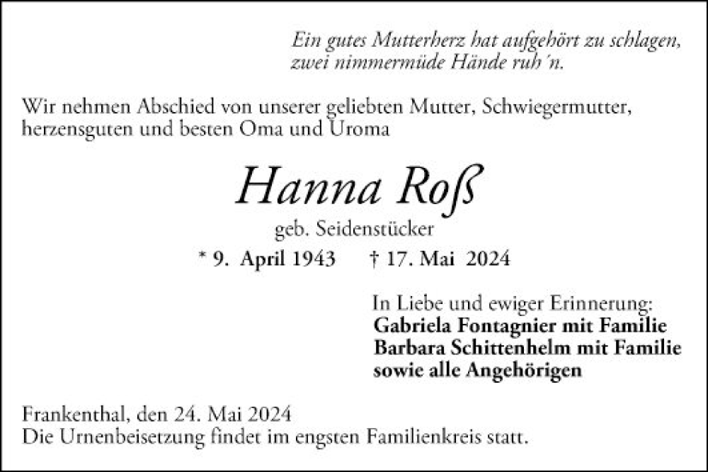  Traueranzeige für Hanna Roß vom 24.05.2024 aus Mannheimer Morgen
