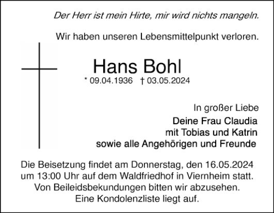 Traueranzeige von Hans Bohl von Mannheimer Morgen