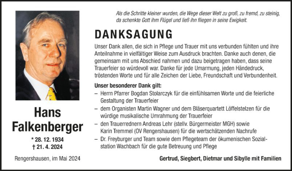  Traueranzeige für Hans Falkenberger vom 13.05.2024 aus Fränkische Nachrichten
