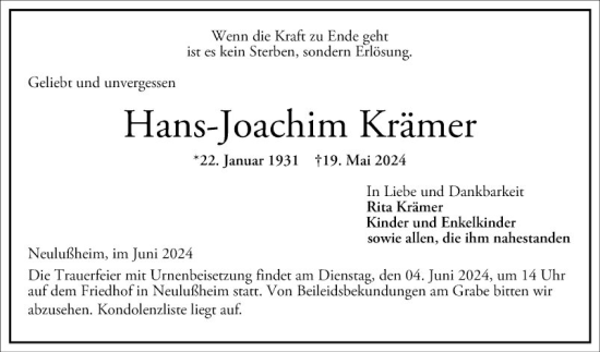 Traueranzeige von Hans-Joachim Krämer von Schwetzinger Zeitung