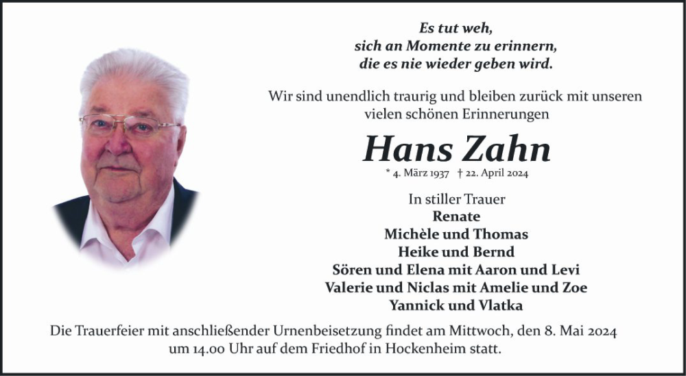  Traueranzeige für Hans Zahn vom 04.05.2024 aus Schwetzinger Zeitung