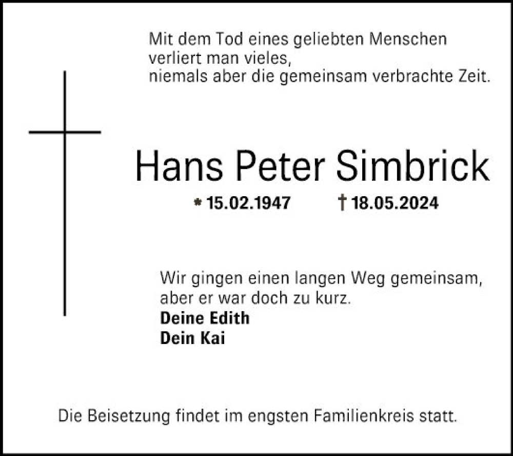  Traueranzeige für Hans Peter Simbrick vom 25.05.2024 aus Bergsträßer Anzeiger
