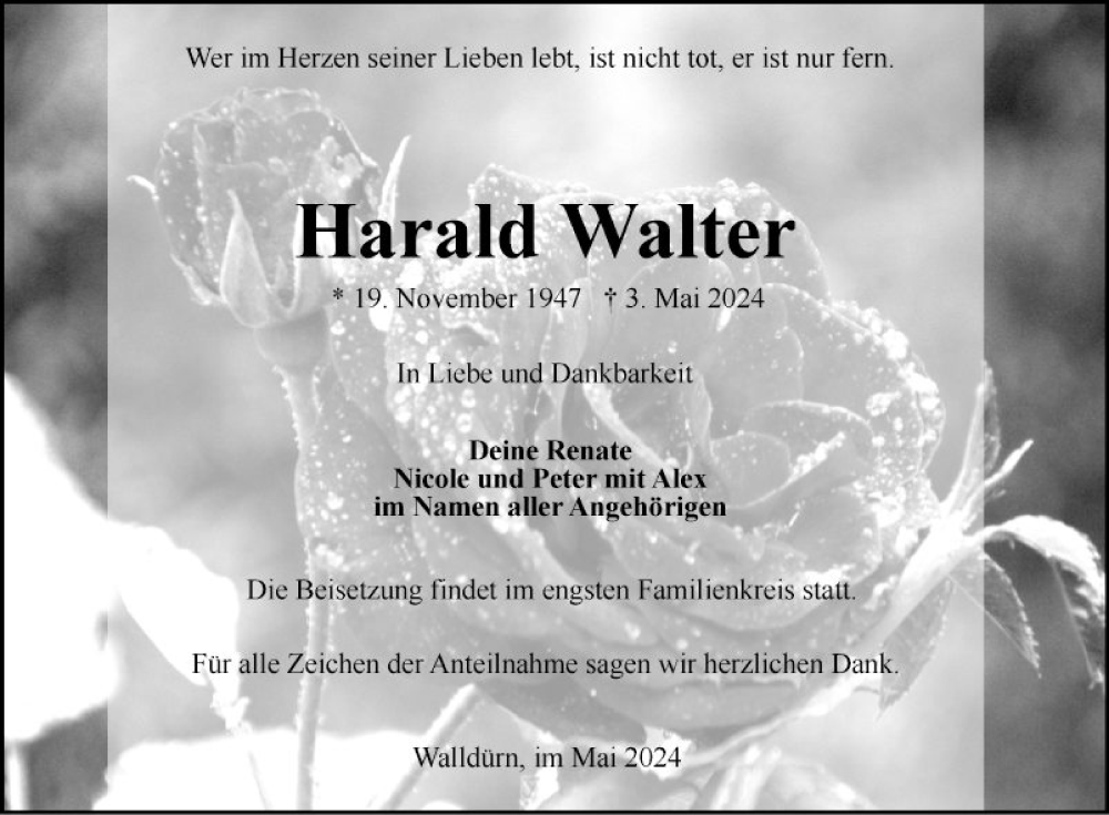  Traueranzeige für Harald Walter vom 17.05.2024 aus Fränkische Nachrichten