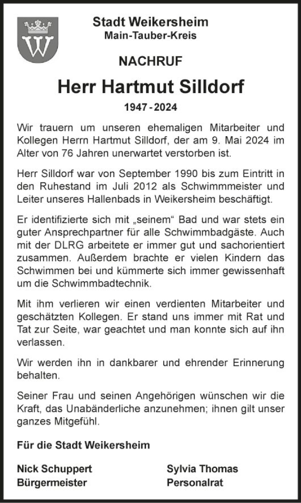  Traueranzeige für Hartmut Silldorf vom 29.05.2024 aus Fränkische Nachrichten