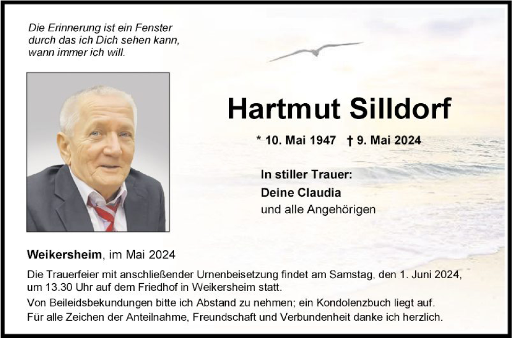  Traueranzeige für Hartmut Silldorf vom 28.05.2024 aus Fränkische Nachrichten