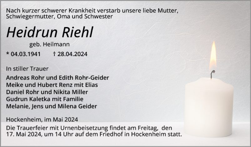  Traueranzeige für Heidrun Rieh vom 10.05.2024 aus Schwetzinger Zeitung