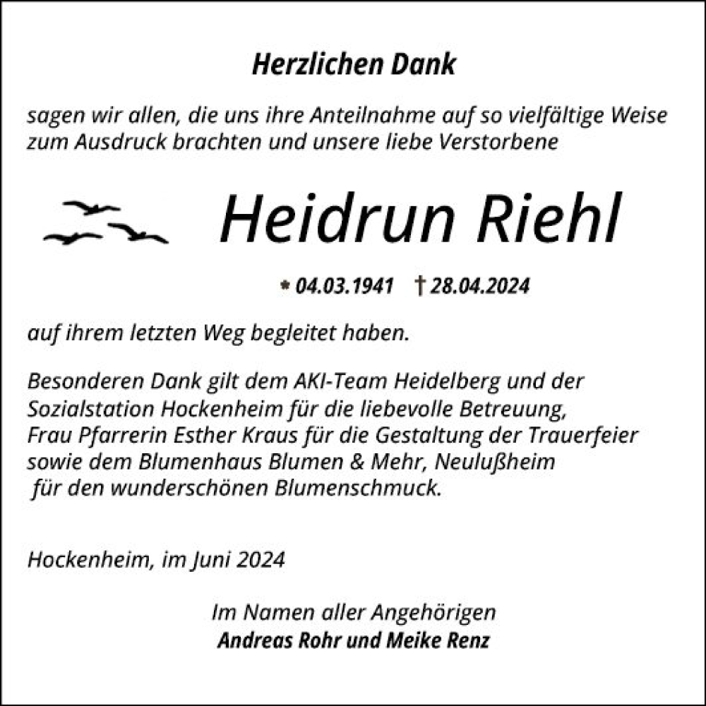  Traueranzeige für Heidrun Riehl vom 01.06.2024 aus Schwetzinger Zeitung