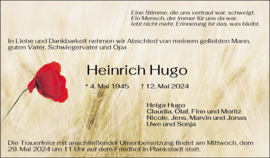 Traueranzeige von Heinrich Hugo von Schwetzinger Zeitung