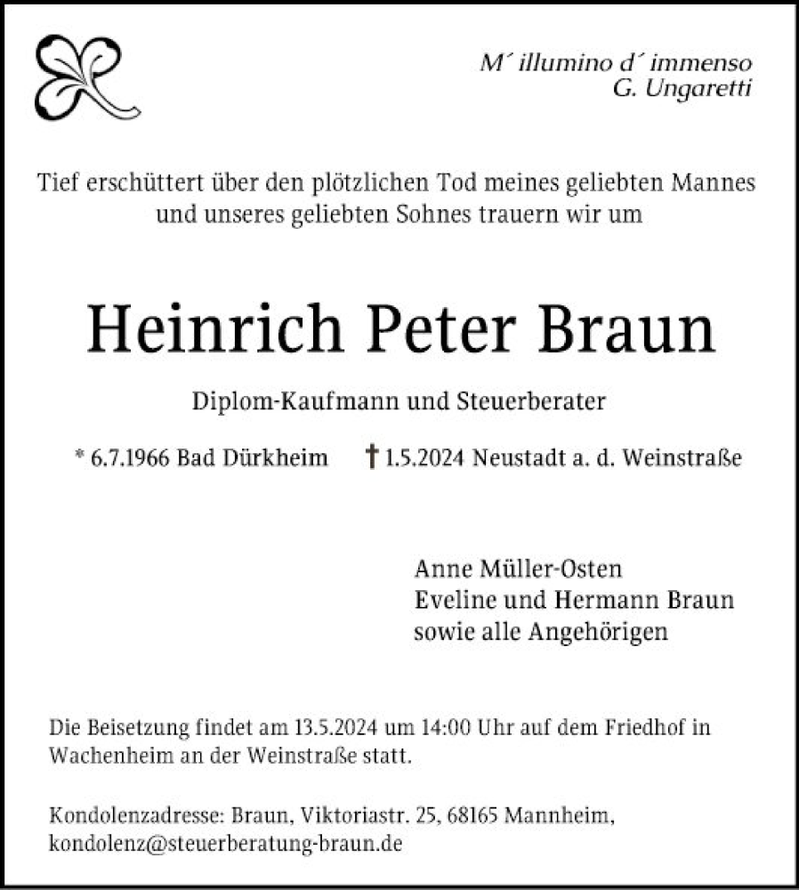  Traueranzeige für Heinrich Peter Braun vom 10.05.2024 aus Mannheimer Morgen
