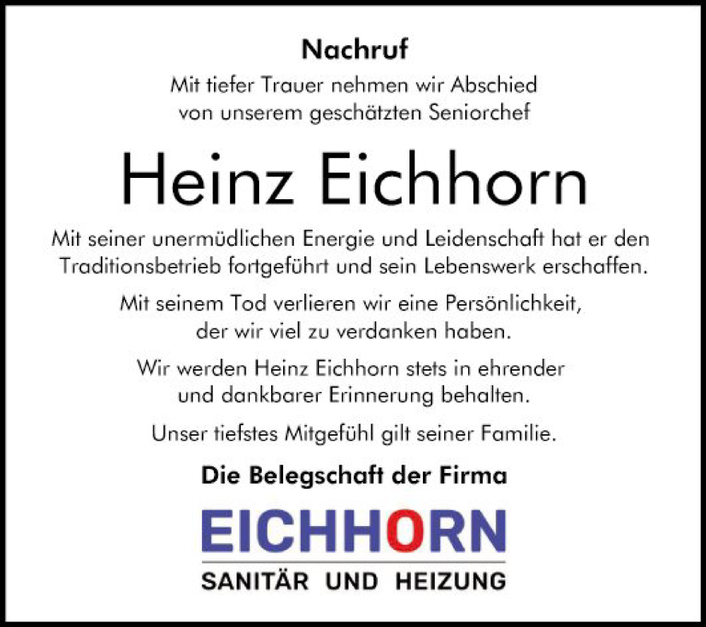  Traueranzeige für Heinz Eichhorn vom 04.05.2024 aus Schwetzinger Zeitung