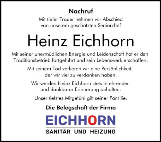 Traueranzeige von Heinz Eichhorn von Schwetzinger Zeitung