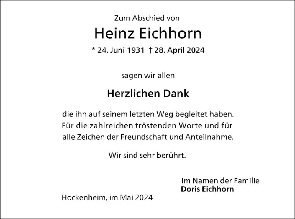  Traueranzeige für Heinz Eichhorn vom 18.05.2024 aus Schwetzinger Zeitung