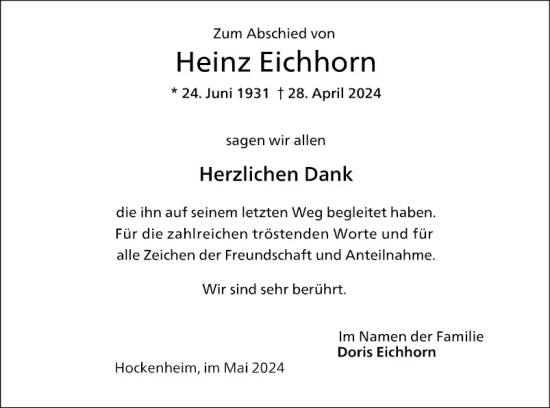 Traueranzeige von Heinz Eichhorn von Schwetzinger Zeitung