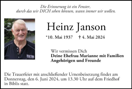 Traueranzeige von Heinz Janson von Mannheimer Morgen