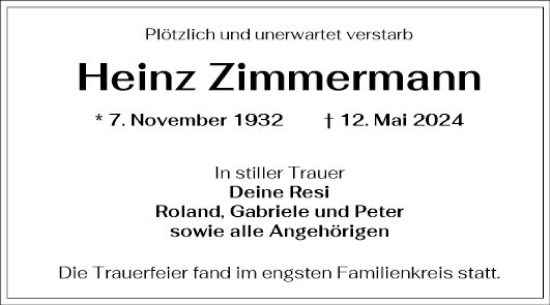 Traueranzeige von Heinz Zimmermann von Mannheimer Morgen