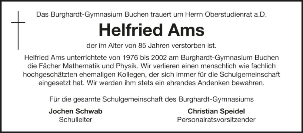  Traueranzeige für Helfried Ams vom 04.05.2024 aus Fränkische Nachrichten