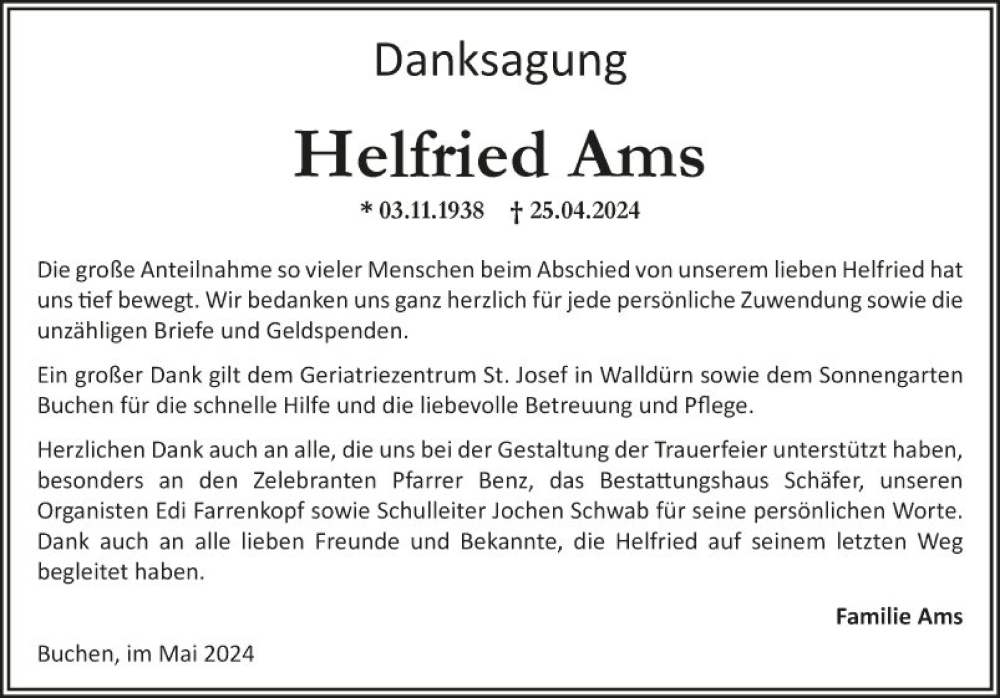  Traueranzeige für Helfried Ams vom 25.05.2024 aus Fränkische Nachrichten