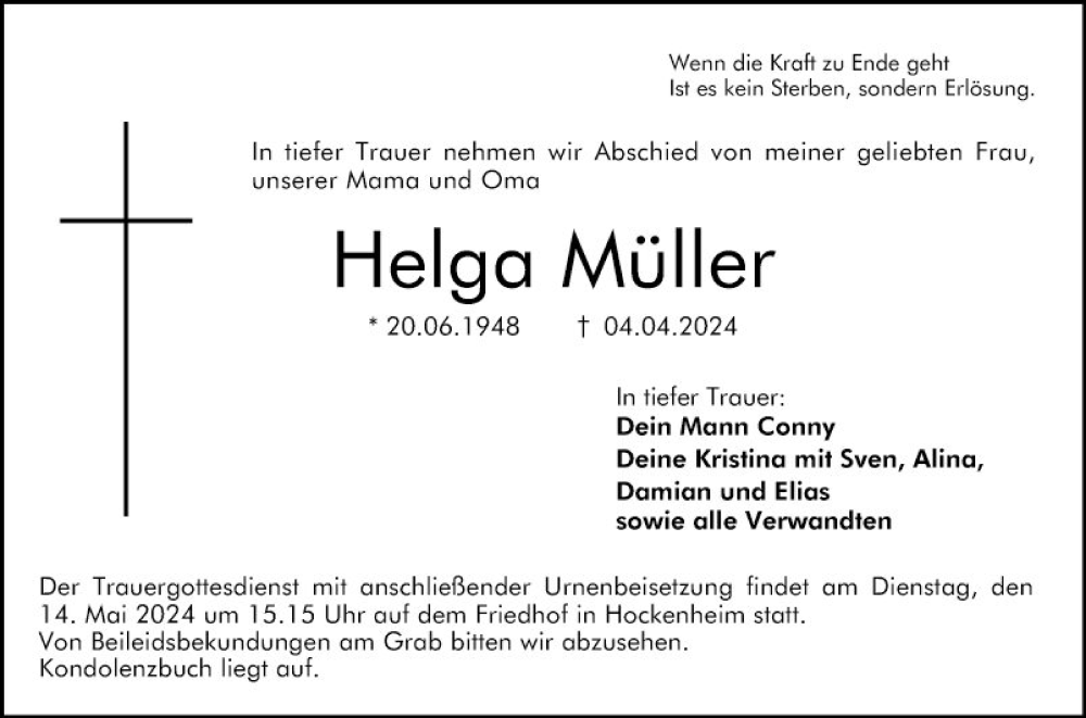  Traueranzeige für Helga Müller vom 11.05.2024 aus Schwetzinger Zeitung
