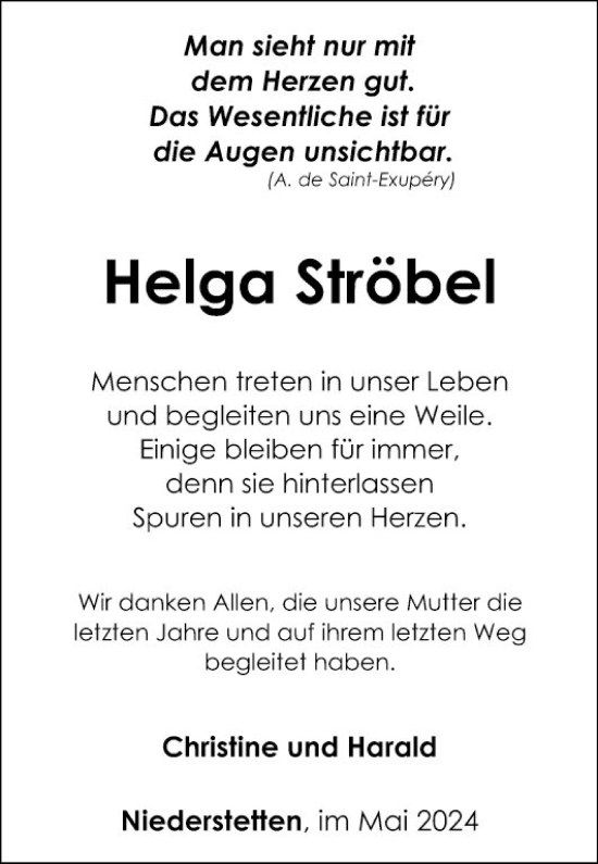 Traueranzeige von Helga Ströbel von Fränkische Nachrichten