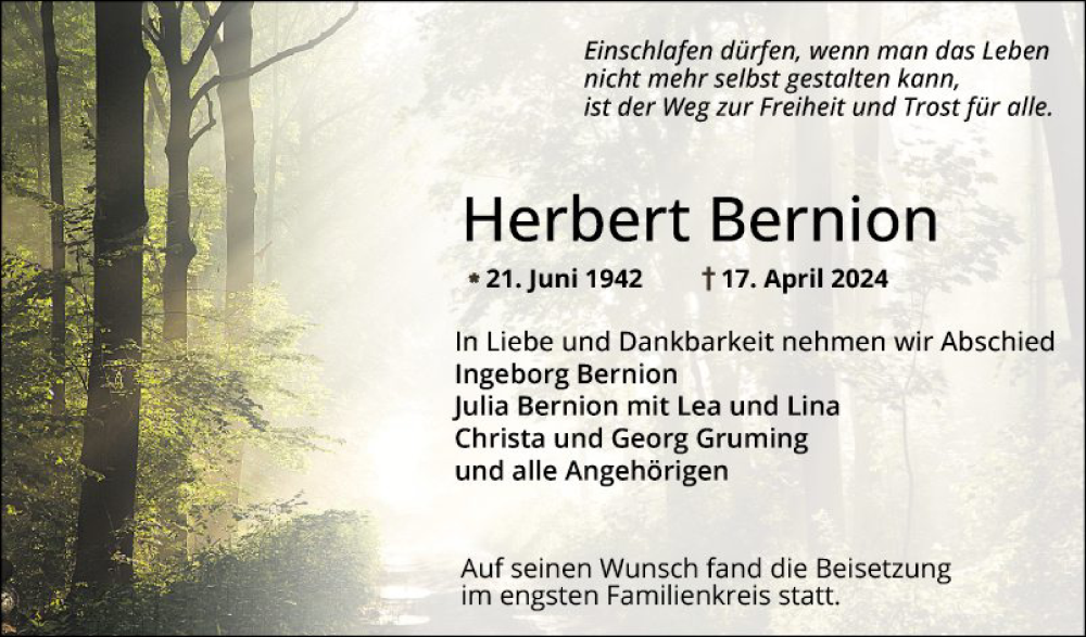  Traueranzeige für Herbert Bernion vom 11.05.2024 aus Mannheimer Morgen