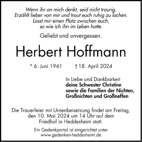 Traueranzeige von Herbert Hoffmann von Mannheimer Morgen