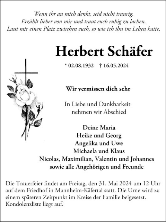Traueranzeige von Herbert Schäfer von Mannheimer Morgen
