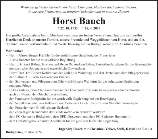 Traueranzeige von Horst Bauch von Fränkische Nachrichten
