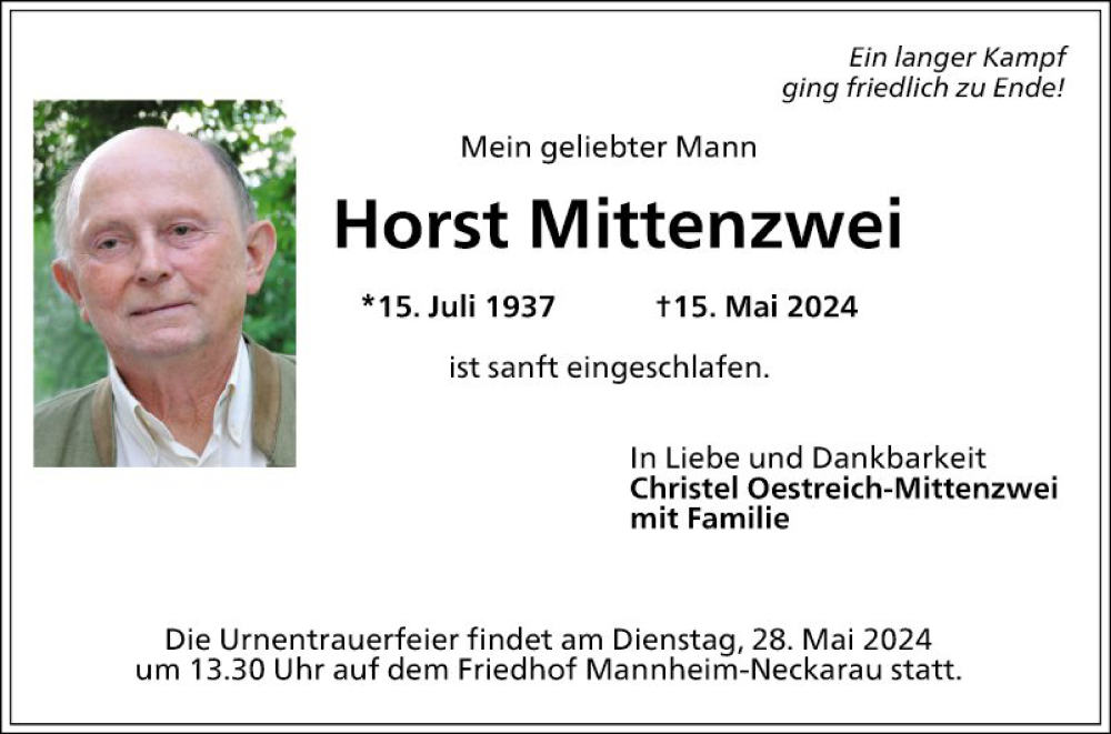 Traueranzeige für Horst Mittenzwei vom 18.05.2024 aus Mannheimer Morgen