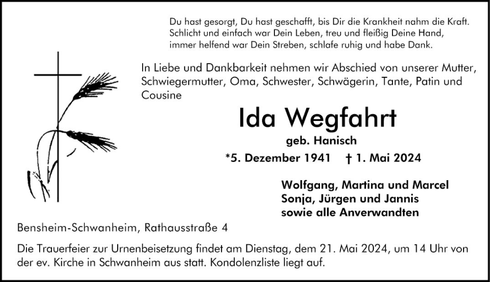  Traueranzeige für Ida Wegfahrt vom 18.05.2024 aus Bergsträßer Anzeiger