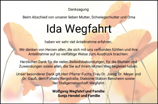 Traueranzeige von Ida Wegfahrt von Bergsträßer Anzeiger