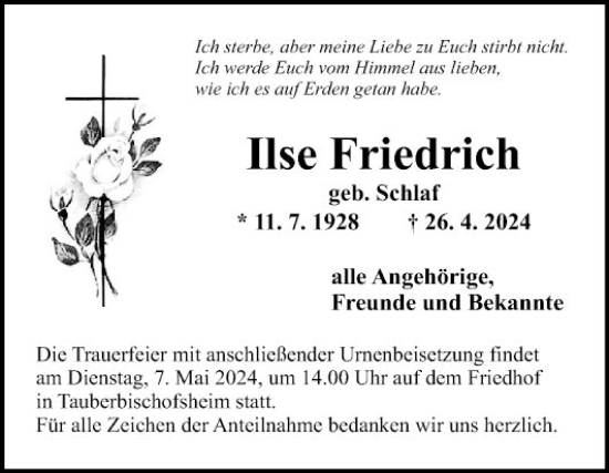 Traueranzeige von Ilse Friedrich von Fränkische Nachrichten