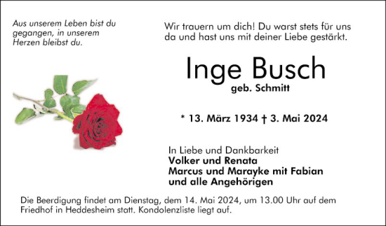 Traueranzeige von Inge Busch von Mannheimer Morgen