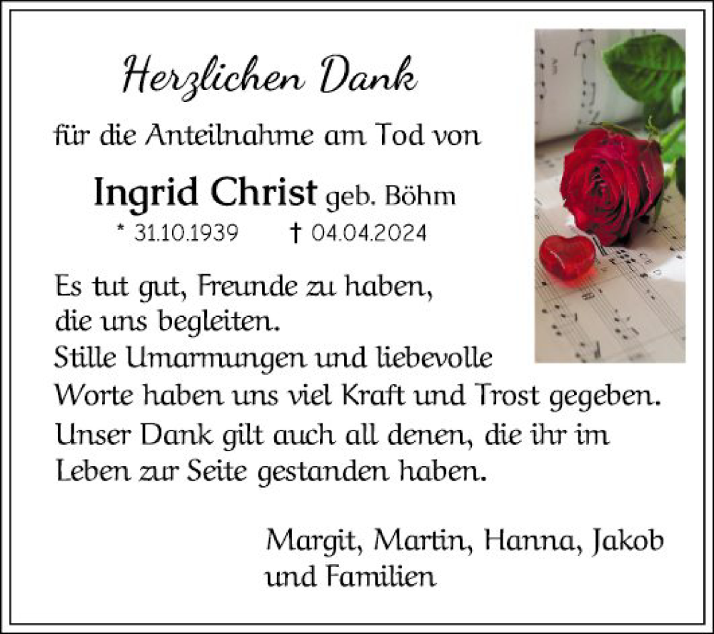  Traueranzeige für Ingrid Christ vom 11.05.2024 aus Schwetzinger Zeitung