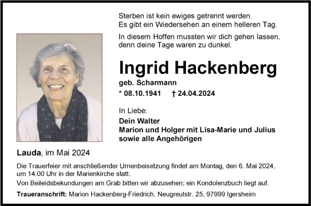  Traueranzeige für Ingrid Hackenberg vom 03.05.2024 aus Fränkische Nachrichten