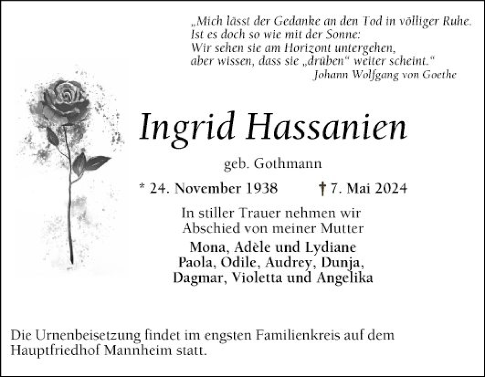  Traueranzeige für Ingrid Hassanien vom 18.05.2024 aus Mannheimer Morgen