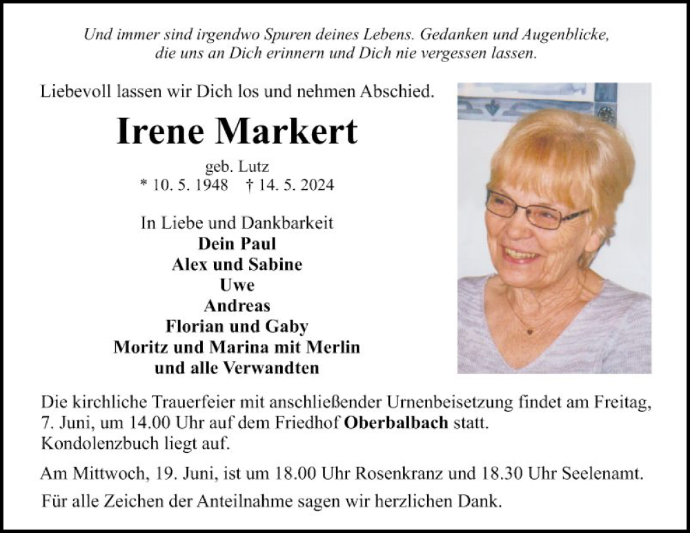  Traueranzeige für Irene Markert vom 31.05.2024 aus Fränkische Nachrichten