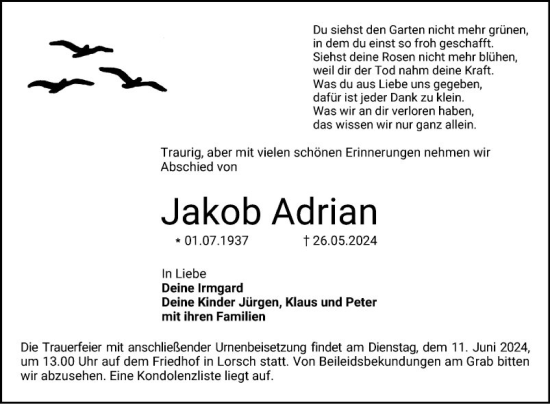 Traueranzeige von Jakob Adrian von Bergsträßer Anzeiger