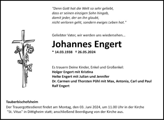 Traueranzeige von Johannes Engert von Fränkische Nachrichten