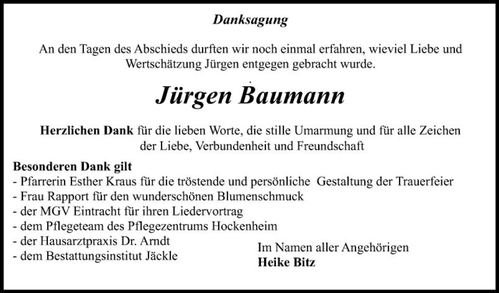  Traueranzeige für Jürgen Baumann vom 04.05.2024 aus Schwetzinger Zeitung