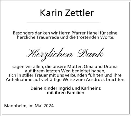 Traueranzeige von Karin Zettler von Mannheimer Morgen