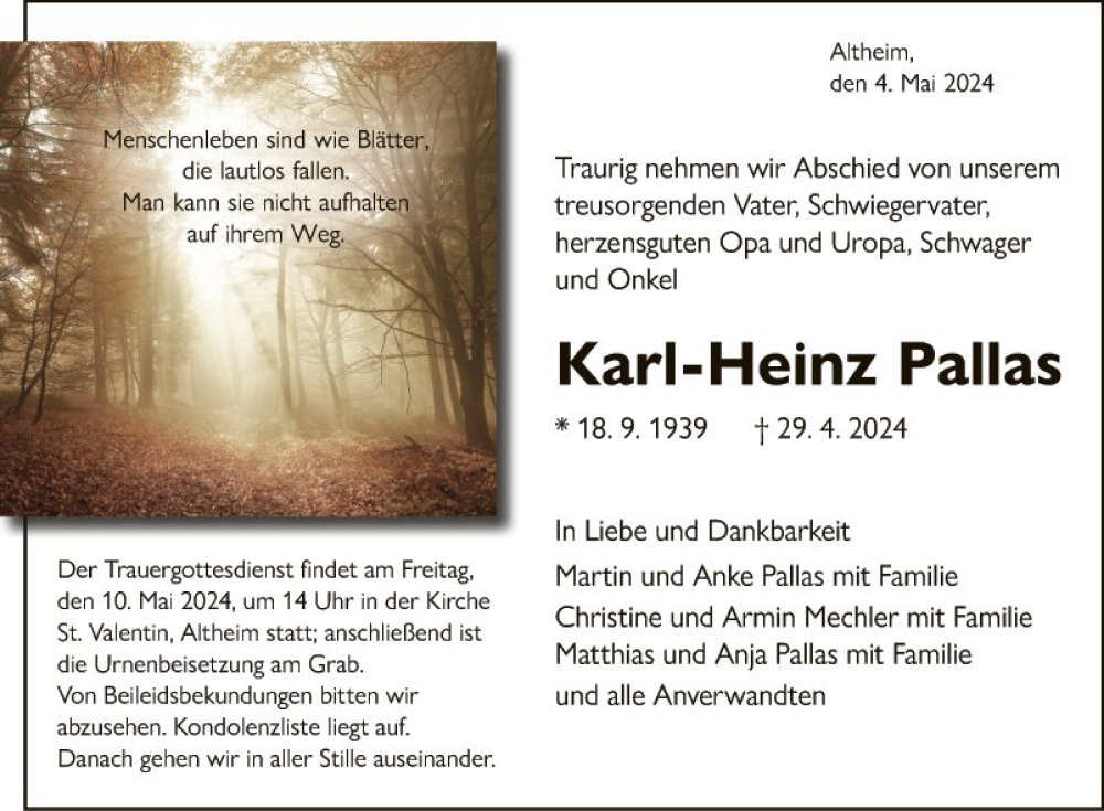  Traueranzeige für Karl-Heinz Pallas vom 04.05.2024 aus Fränkische Nachrichten