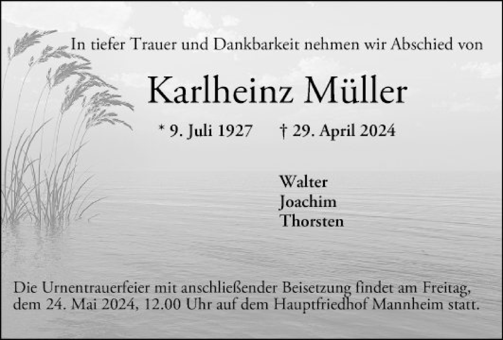  Traueranzeige für Karlheinz Müller vom 21.05.2024 aus Mannheimer Morgen