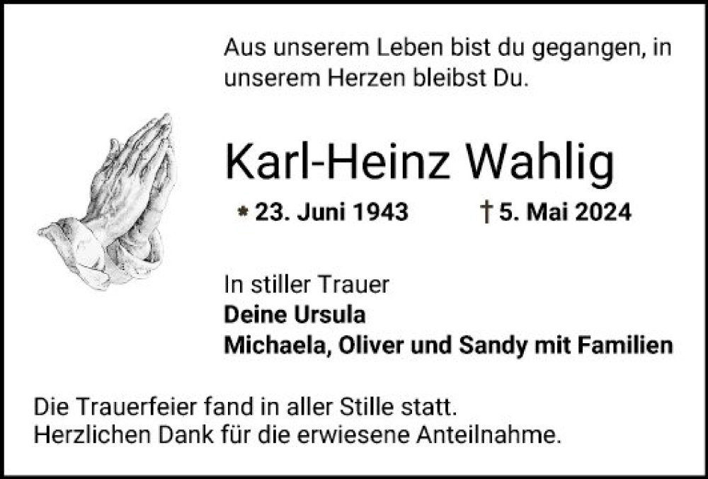  Traueranzeige für Karl Heinz Wahlig vom 01.06.2024 aus Bergsträßer Anzeiger