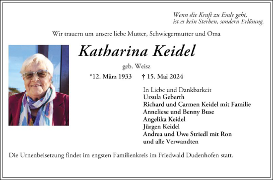 Traueranzeige von Katharina Keidel von Schwetzinger Zeitung