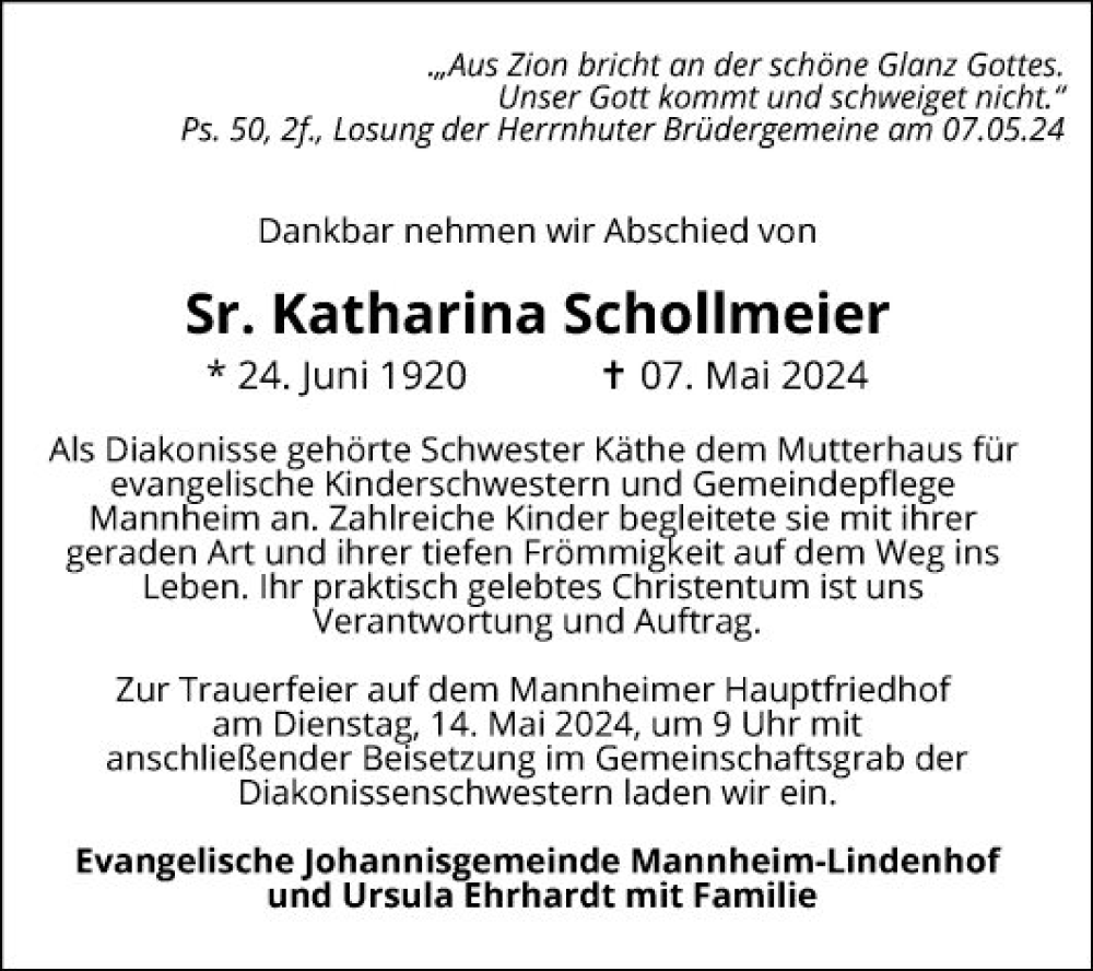  Traueranzeige für Katharina Schollmeier vom 11.05.2024 aus Mannheimer Morgen