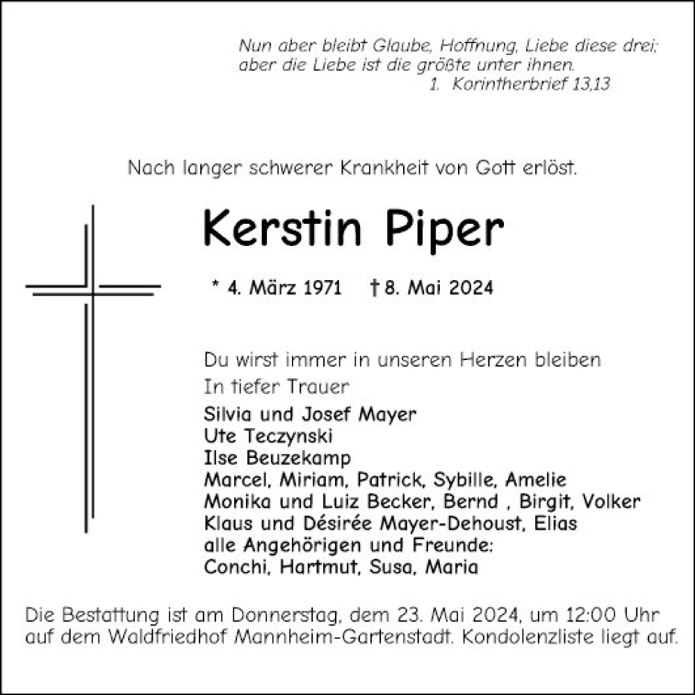  Traueranzeige für Kerstin Piper vom 18.05.2024 aus Mannheimer Morgen